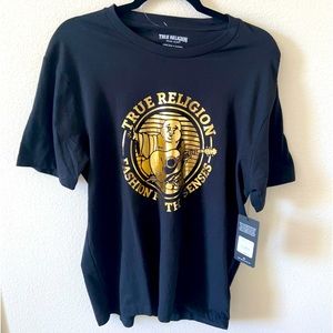 SOLD - True Religion Gold Buddha Guitar black tee shirt Large L NWT